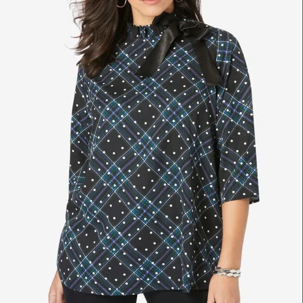 JESSICA LONDON ¾ Elbow Sleeve Ruffle Neck Polka Dot Satin Blouse (Plus 26)